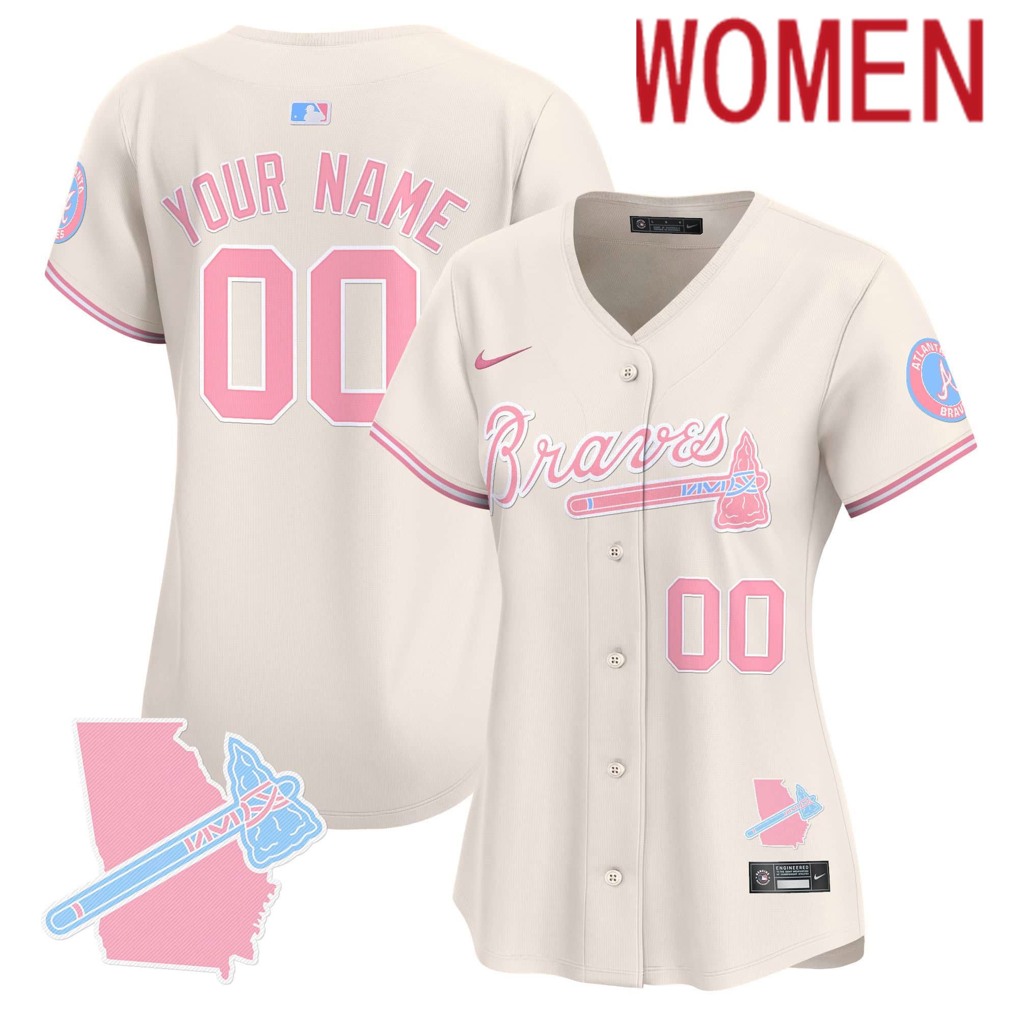 Women Atlanta Braves Cream 2024 Nike Bubblegum Pink Vapor Premier Limited Custom MLB Jersey